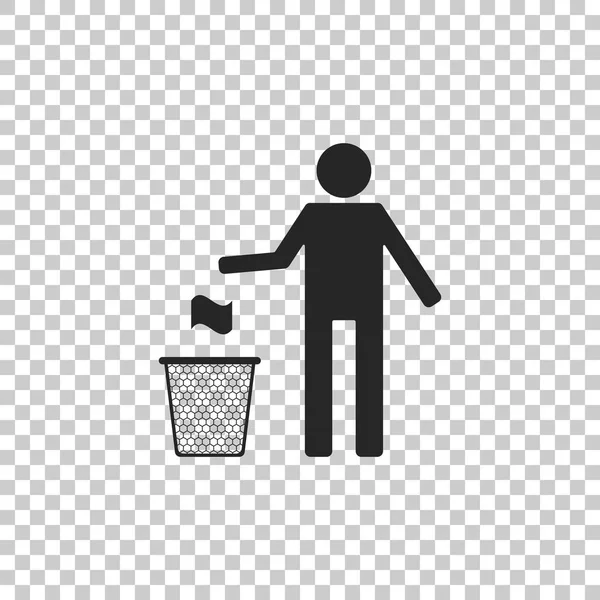 Mann wirft Müll in Mülleimer Ikone isoliert auf transparentem Hintergrund. Recycling-Symbol. Mülleimer unterschreiben. flache Bauweise. Vektorillustration — Stockvektor