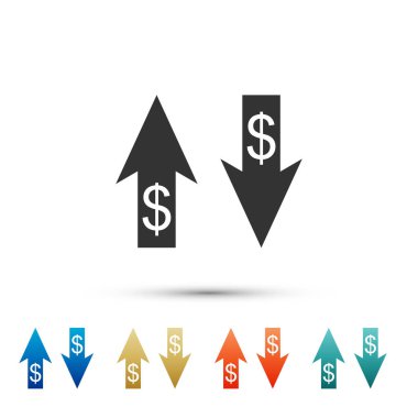 Beyaz arka plan üzerinde izole Doları sembol simge ile yukarı ve aşağı okları. İş kavramı. Öğeleri renk simgeleri ayarlayın. Vektör çizim