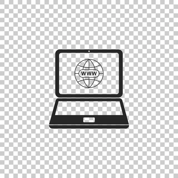 Website over laptop scherm pictogram geïsoleerd op transparante achtergrond. Globe op scherm van de laptop. Symbool van het World wide web. Internet symbool voor uw web site design, logo. Platte ontwerp. Vectorillustratie — Stockvector