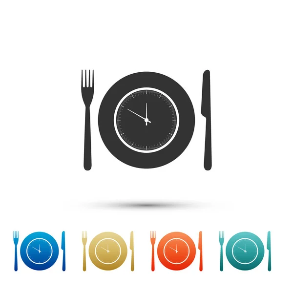 Płyta z zegarem, widelec i nóż ikona na białym tle. Czas na obiad. Jedzenie, system żywienia, koncepcja czasu i diecie posiłek. Zestaw elementów w kolorowe ikony. Ilustracja wektorowa — Wektor stockowy