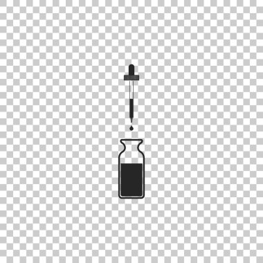 Bir pipet ile cam şişe. Bir pipet içinde ve şeffaf arka plan üzerinde izole kapalı kapak simgesi ile şişe. Medikal ve kozmetik ürün kapsayıcısı. Düz tasarım. Vektör çizim