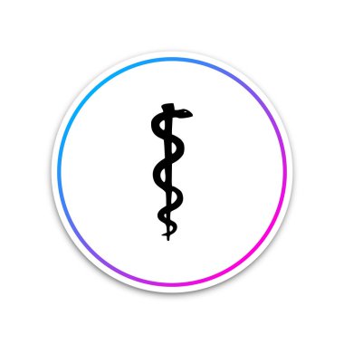 Siluet simge beyaz zemin üzerine kadar çubuk Asklepios yılan bağlamışsın. Tıp ve sağlık kavramı. Amblem için eczane veya ilaç, eczane yılan sembolü. Daire düğmesi. Vektör çizim