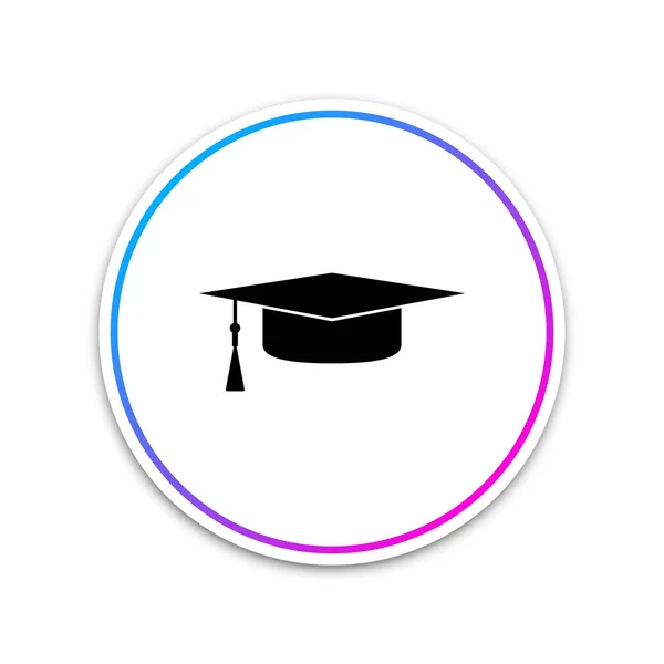 Icono de la tapa de graduación aislado sobre fondo blanco. Sombrero de graduación con icono de borla. Círculo botón blanco. Ilustración vectorial — Vector de stock