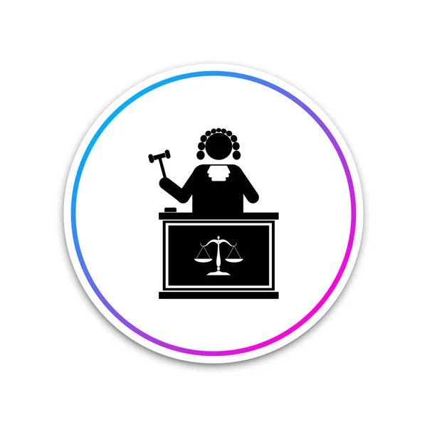 Judge with gavel on table icon isolated on white background. Circle white button. Vector Illustration — Stock Vector
