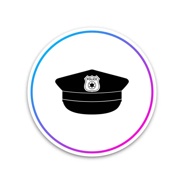 Gorra de policía con icono de escarapela aislado sobre fondo blanco. Señal de sombrero de policía. Círculo botón blanco. Ilustración vectorial — Archivo Imágenes Vectoriales