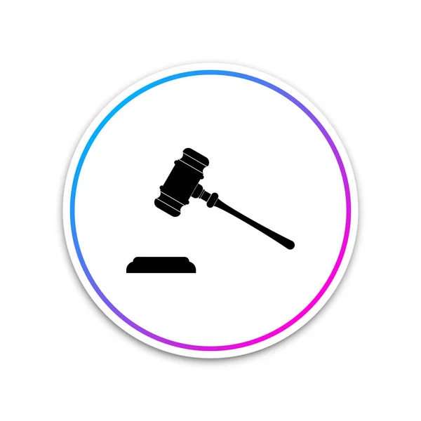 Rechter hamer pictogram geïsoleerd op een witte achtergrond. Hamer voor arbitrage van zinnen en rekeningen, Hof, justitie, met een stand. Veiling hamer symbool. Cirkel witte knop. Vectorillustratie — Stockvector