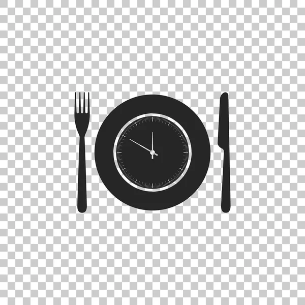 Lemez elszigetelt átlátszó háttér óra, Villa és kés ikonnal. Ebédidőben. Táplálkozás, táplálkozási rendszer, étkezési idő és a diéta fogalmát. Lapos kivitel. Vektoros illusztráció — Stock Vector