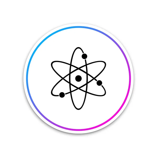 Icono de átomo aislado sobre fondo blanco. Símbolo de ciencia, educación, física nuclear, investigación científica. Electrones y protones. Círculo botón blanco. Ilustración vectorial — Vector de stock