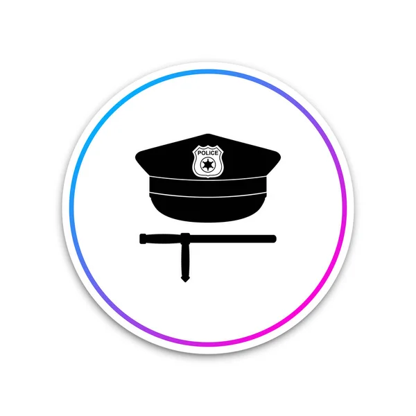 Police cap and rubber baton icon isolated on white background. Security truncheons. Police stick. Policeman uniform. Circle white button. Vector Illustration — Stock Vector