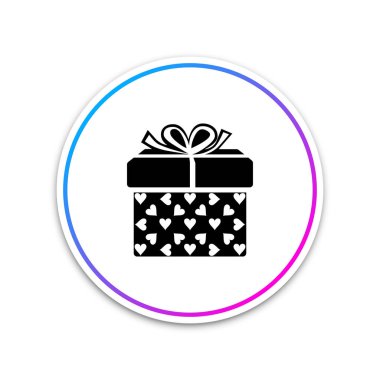 Beyaz arka plan üzerinde izole hediye kutusu ve kalp simgesi. Ambalaj Sevgililer günü. Güzel festival kutu şerit ve üst yay ile bağlı. Beyaz daire düğmesi. Vektör çizim