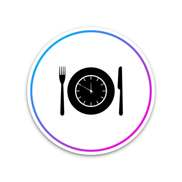 Płyta z zegarem, widelec i nóż ikona na białym tle. Czas na obiad. Jedzenie, system żywienia, koncepcja czasu i diecie posiłek. Białe kółko. Ilustracja wektorowa — Wektor stockowy