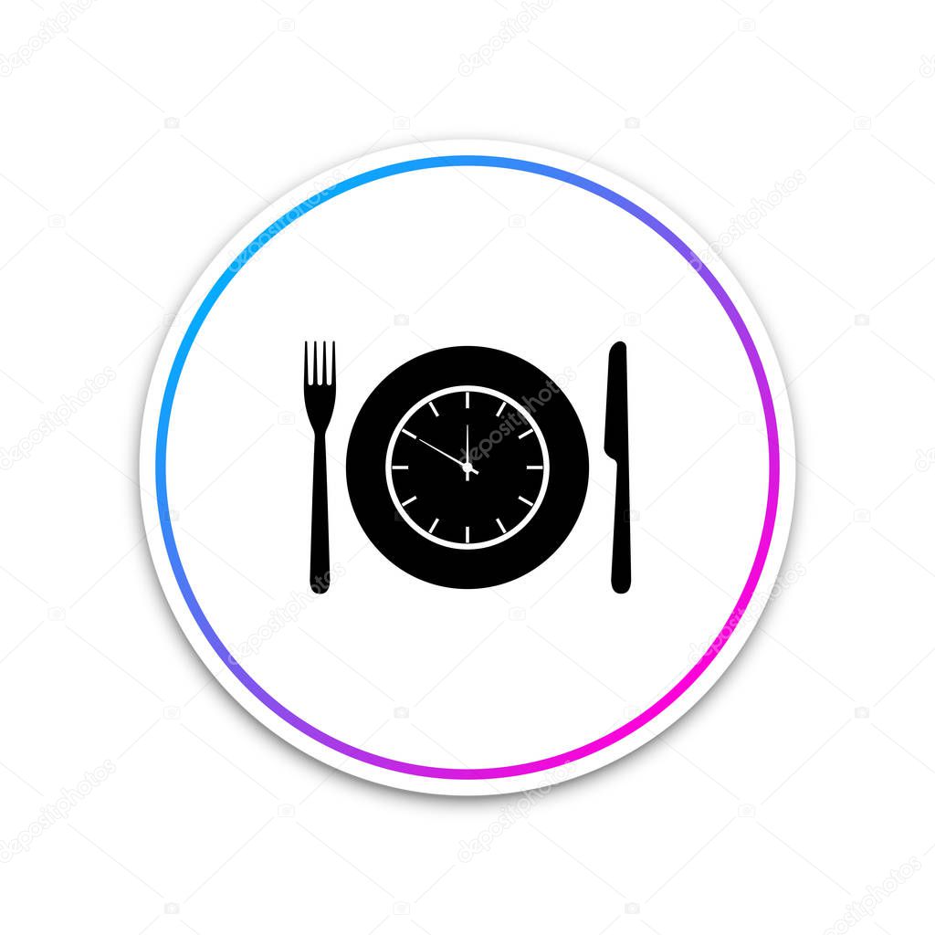 Plate with clock, fork and knife icon isolated on white background. Lunch time. Eating, nutrition regime, meal time and diet concept. Circle white button. Vector Illustration