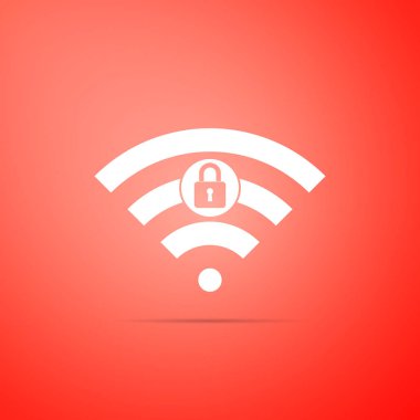 WiFi kırmızı zemin üzerine izole işareti simgesi kilitli. Şifre kablosuz simgesi. Kablosuz ağ simgesini. WiFi alanına. Düz tasarım. Vektör çizim