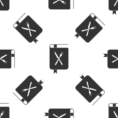 Kitabı simge izole Dikişsiz desen beyaz arka plan üzerinde. Kitap simgesini yemek. Tarif kitabı. Çatal ve bıçak simgeler. Çatal bıçak takımı sembolü. Restoran sembol. Düz tasarım. Vektör çizim