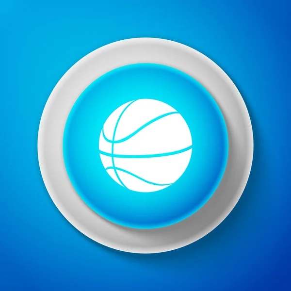 Иконка баскетбольного мяча выделена на синем фоне. Спортивный символ. Голубая кнопка. Векторная миграция — стоковый вектор