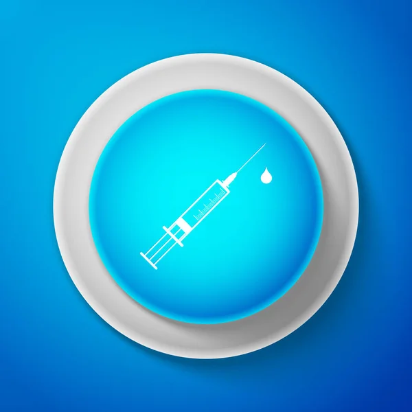 Seringue médicale avec aiguille et icône de goutte isolée sur fond bleu. Signe de seringue pour vaccin, vaccination, injection, vaccin antigrippal. Cercle bouton bleu. Illustration vectorielle — Image vectorielle