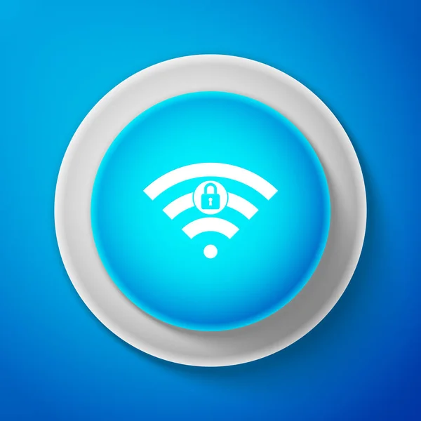 Wifi gesperrt Zeichen Symbol isoliert auf blauem Hintergrund. Passwort wi-fi-Symbol. Drahtlosnetzwerk-Symbol. Wifi-Zone. Kreis blauer Knopf. Vektorillustration — Stockvektor