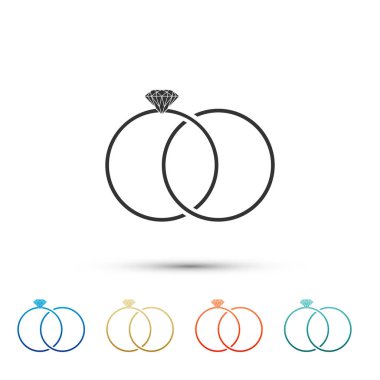 Beyaz arka plan üzerinde izole alyans simgesi. Gelin ve damat takı işareti. Evlilik kutsal kişilerin resmi. Elmas yüzük. Öğeleri renk simgeleri ayarlayın. Vektör çizim