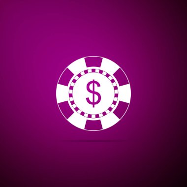 Mor arka plan üzerinde izole casino çip ve Doları sembol simge. Düz tasarım. Vektör çizim