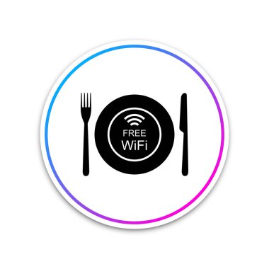 Beyaz arka plan üzerinde izole Restoran ücretsiz Wi-Fi bölgesi kutsal kişilerin resmi. Tabak, çatal ve bıçak oturum açın. Beyaz daire düğmesi. Vektör çizim