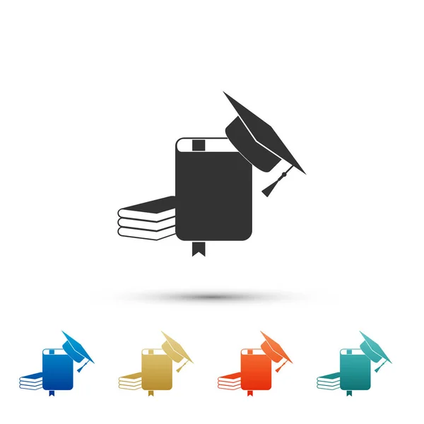 Capa de graduação e ícone do livro isolado no fundo branco. Definir elementos em ícones de cor. Ilustração vetorial —  Vetores de Stock