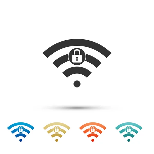 Піктограма заблокованого знака Wi-Fi ізольовано на білому тлі. Символ пароля Wi-Fi. Піктограма бездротової мережі. Зона Wi-Fi. Встановити елементи на піктограмах кольорів. Векторна ілюстрація — стоковий вектор