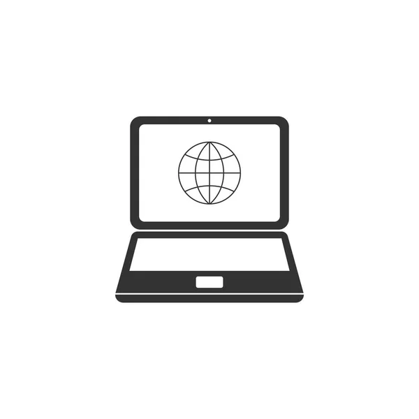 Globo na tela do ícone laptop isolado. Computador portátil com sinal de globo. Design plano. Ilustração vetorial —  Vetores de Stock