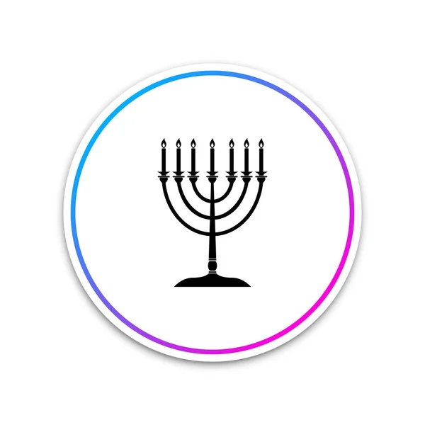 Hanukkah menorah ícone isolado no fundo branco. Ícone da religião. Símbolo tradicional Hanukkah. Religião de férias, festival judaico de Luzes. Botão branco do círculo. Ilustração vetorial — Vetor de Stock