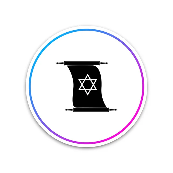 Torah εικονίδιο κύλισης απομονώνονται σε λευκό φόντο. Εβραϊκό Torah σε εκτεταμένη μορφή. Βιβλίο του Torah σημάδι. Σύμβολο αστέρι του Δαβίδ. Απλό παλιό Περγαμηνό ειλητάριο. Κύκλος λευκό κουμπί. Εικονογράφηση διάνυσμα — Διανυσματικό Αρχείο