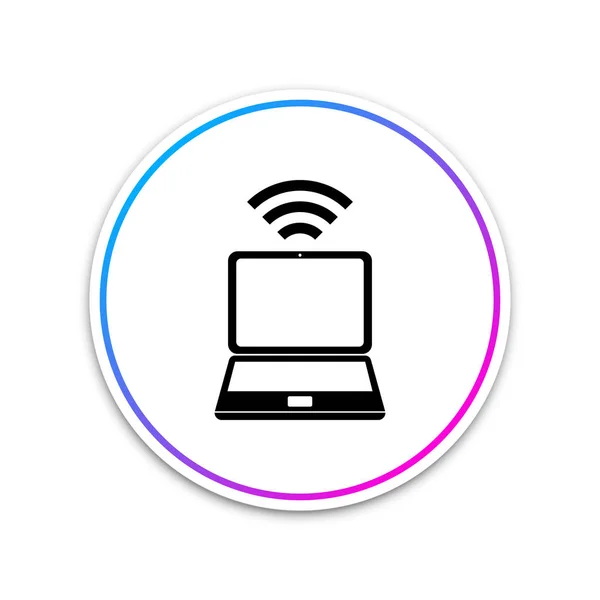 Laptop und Funksymbol isoliert auf weißem Hintergrund. Drahtlose Technologie, Wi-Fi-Verbindung, drahtloses Netzwerk, Hotspot-Konzepte. Kreis weißer Knopf. Vektorillustration — Stockvektor