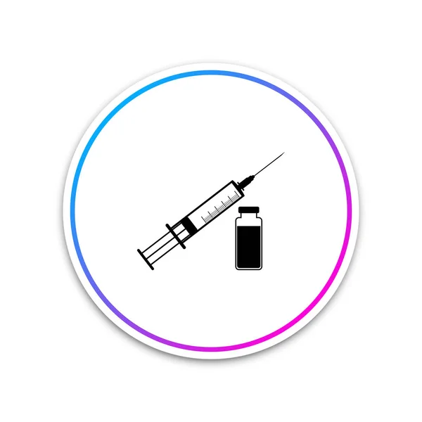 Медицинский шприц с иглой и иконой флакона изолирован на белом фоне. Концепция вакцинации, инъекции. Круглая белая кнопка. Векторная миграция — стоковый вектор