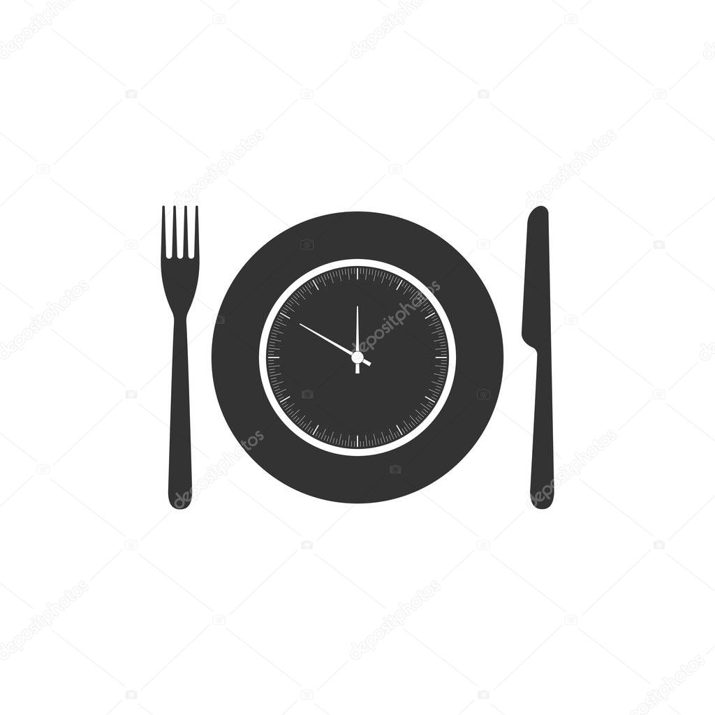 Plate with clock, fork and knife icon isolated. Lunch time. Eating, nutrition regime, meal time and diet concept. Flat design. Vector Illustration