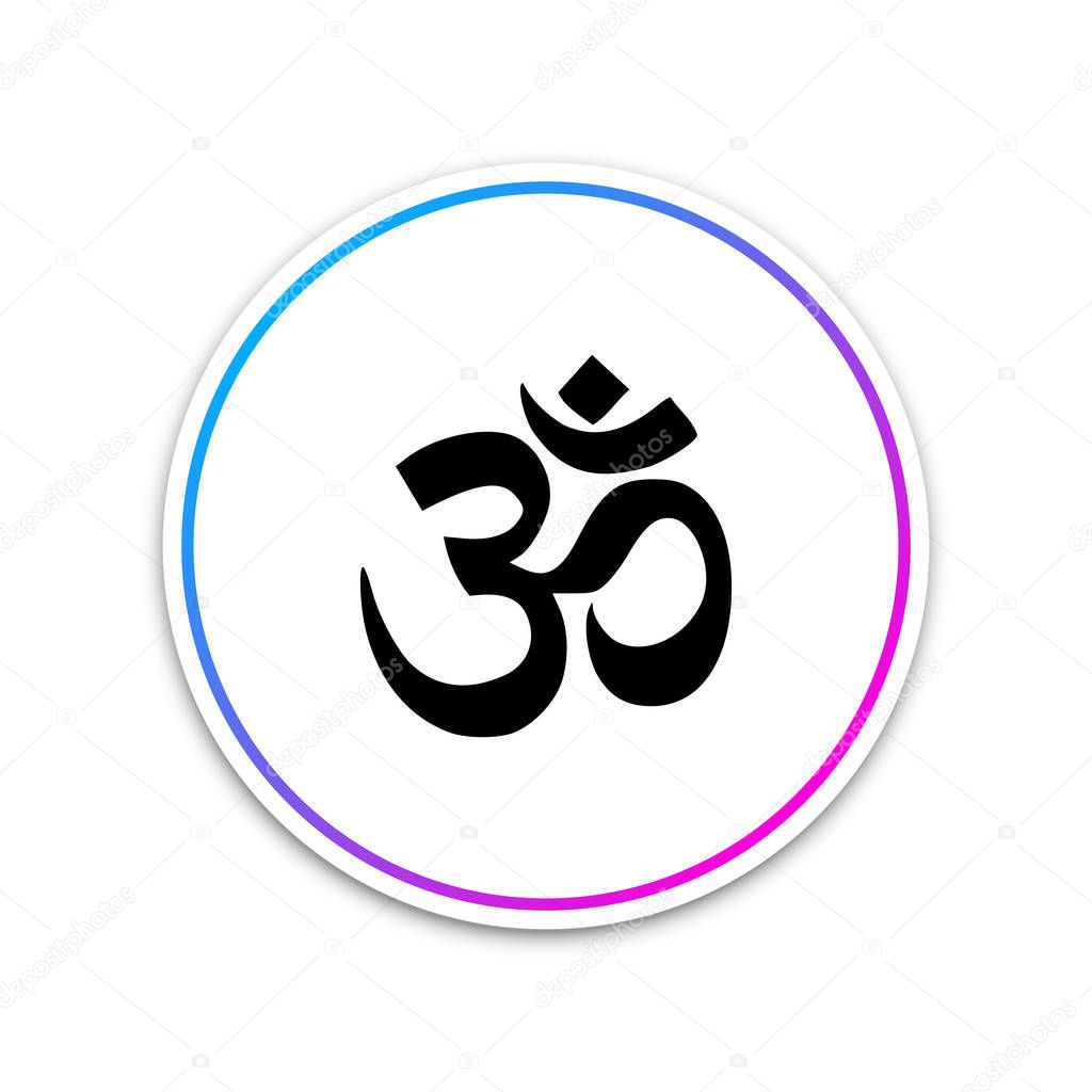 Om or Aum Indian sacred sound icon on white background. Symbol of Buddhism and Hinduism religions. The symbol of the divine triad of Brahma, Vishnu and Shiva. Circle white button. Vector Illustration