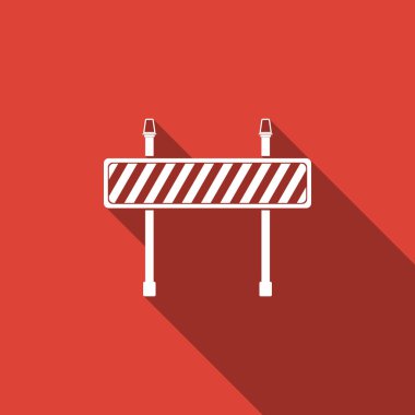 Uzun gölge ile izole yol bariyer simgesi. İnşaat süreçlerinin altında olan kısıtlı alanın sembolü. İnşaat veya onarım işleri çit. Engel simgesi. Vektör Illustration