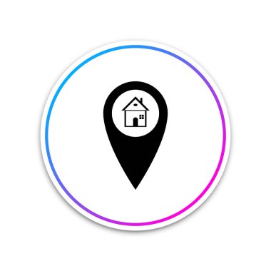 Beyaz arka planda yalıtılmış ev simgesi ile harita işaretçisi. Ev konumu işaretleyici sembolü. Beyaz düğme daire. Vektör Illustration