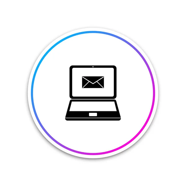 Ordenador portátil con sobre y correo electrónico abierto en el icono de la pantalla aislado sobre fondo blanco. Email marketing, conceptos de publicidad en Internet. Círculo botón blanco. Ilustración vectorial — Vector de stock