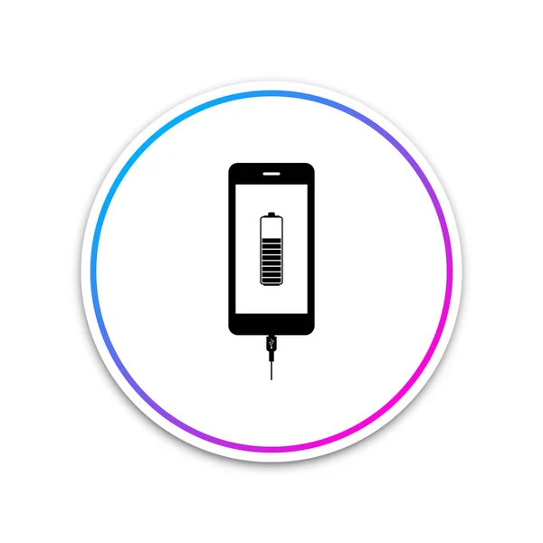 Smartphone-Ladesymbol isoliert auf weißem Hintergrund. Telefon mit niedriger Akkuladung und USB-Anschluss. Kreis weißer Knopf. Vektorillustration — Stockvektor