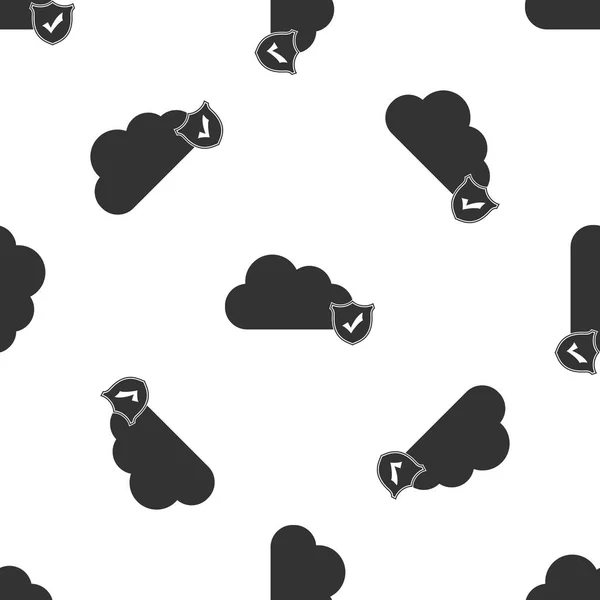 Cloud and shield with check mark icon isolated seamless pattern on white background. Cloud storage data protection. Security, safety, protection, privacy concept. Cloud computing. Vector Illustration