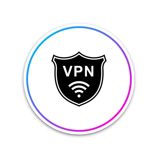 Vpn と Wifi 無線インターネット ネットワーク シンボル アイコンが白い背景で隔離の盾します。Vpn は、安全コンセプトを保護します。セキュリティのための仮想プライベート ネットワーク。白い丸ボタン。ベクトル図 — ストックベクタ
