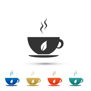 Beyaz arka plan üzerinde izole çay ve yaprak simgesi fincan. Öğeleri renk simgelerinde ayarlayın. Vektör İllüstrasyonu