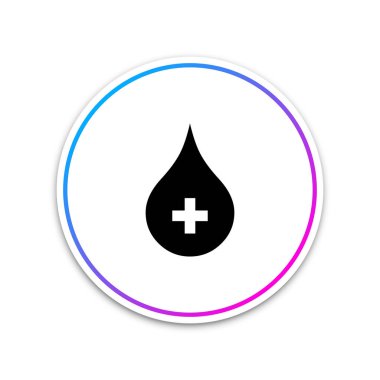 Beyaz arka planda izole edilmiş kan damlası simgesi. Haç işareti ile damla kan bağışlayın. Donör kavramı. Daire beyaz düğme. Vektör İllüstrasyonu
