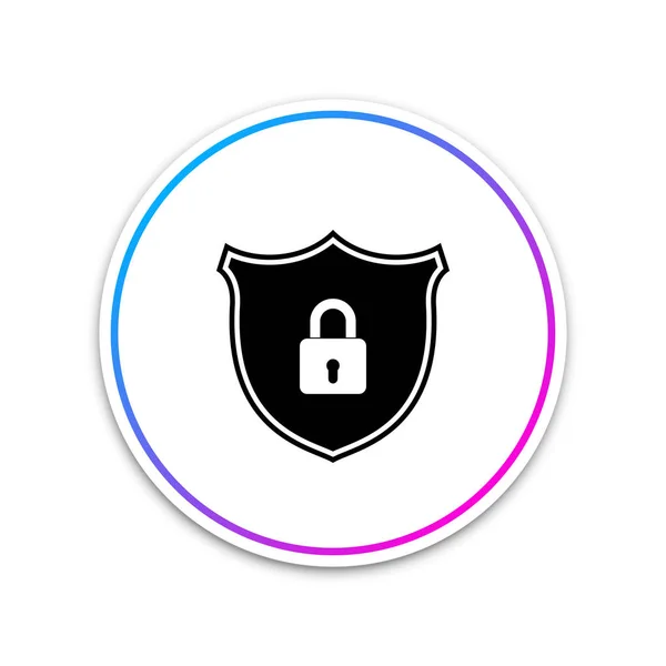 Zabezpečení štítů s ikonou zámku izolovanou na bílém pozadí. Tlačítko s bílým kroužkem. Vektorová ilustrace — Stockový vektor