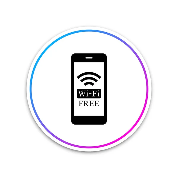 Smartphone con Wi-Fi gratis icono de conexión inalámbrica aislado sobre fondo blanco. Tecnología inalámbrica, conexión wi-fi, red inalámbrica, concepto de hotspot. Círculo botón blanco. Ilustración vectorial — Vector de stock