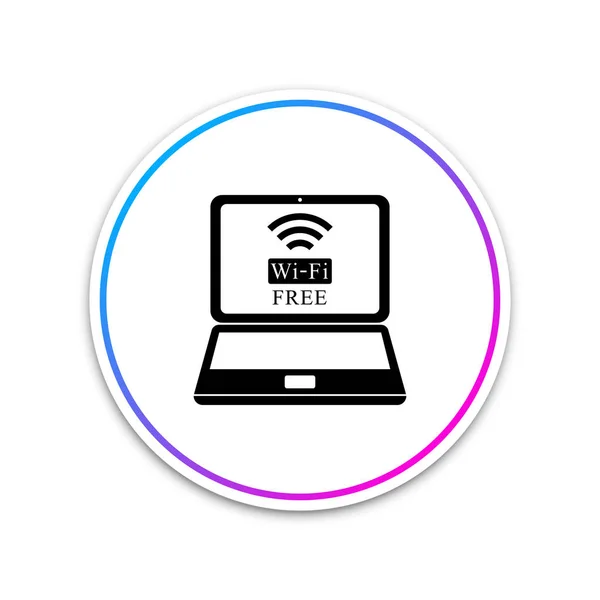 흰색 배경에 격리 된 노트북 및 무료 Wi-Fi 무선 연결 아이콘. 무선 기술, Wi-Fi 연결, 무선 네트워크, 핫스팟 개념. 흰색 원 버튼. 벡터 일러스트레이션 — 스톡 벡터