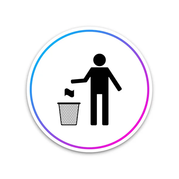 Homem jogando lixo no ícone bin poeira isolado no fundo branco. Reciclar símbolo. O lixo pode assinar. Botão branco do círculo. Ilustração vetorial — Vetor de Stock