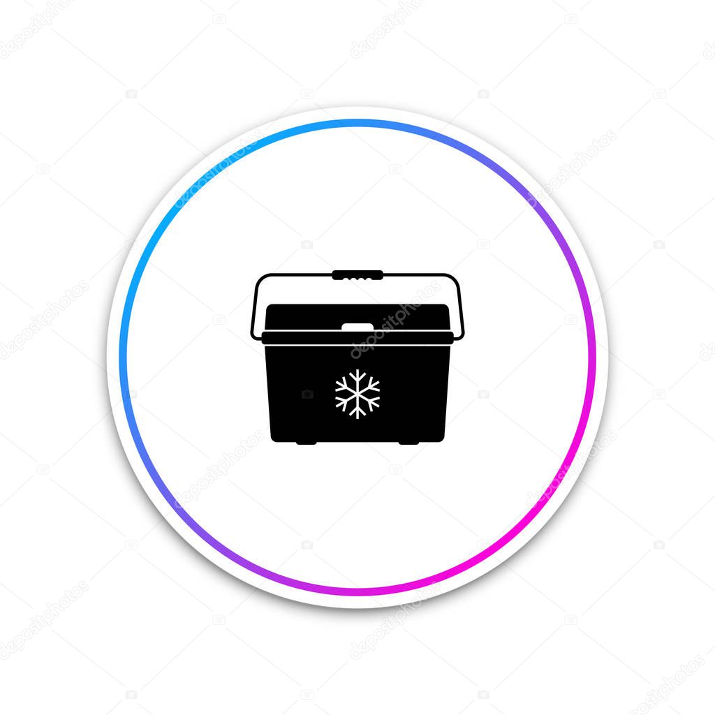 Cooler bag icon isolated on white background. Portable freezer bag. Handheld refrigerator. Circle white button. Vector Illustration