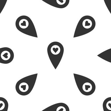 Beyaz arka plan üzerinde kalp simgesi izole dikişsiz desen ile harita işaretçisi. Sevgililer günü. Aşk yeri. Romantik harita iğnesi. Düz tasarım. Vektör İllüstrasyonu