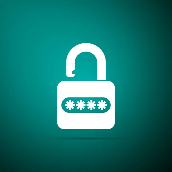 Ochrona hasłem i ikona dostępu do bezpieczeństwa izolowane na zielonym tle. Bezpieczeństwo, bezpieczeństwo, ochrona, koncepcja prywatności. Płaska konstrukcja. Ilustracja wektorowa — Wektor stockowy