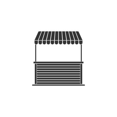 Tente ve ahşap raf simgesi izole sokak tezgahı. Ahşap raflı büfe. Düz tasarım. Vektör İllüstrasyonu