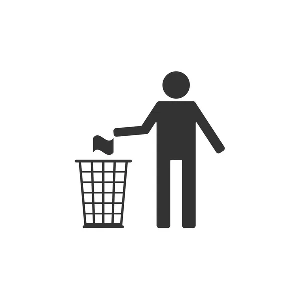 Homem jogando lixo em ícone bin poeira isolado. Reciclar símbolo. Design plano. Ilustração vetorial —  Vetores de Stock
